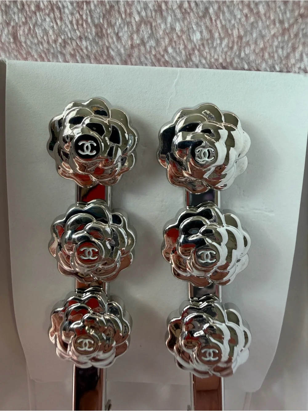 CHANEL Silver Camellia Clip Pair — Shiny Floral Brooch Clips NWT
